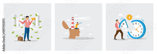 Referral Marketing to Campaign Promotion. Man Look on Telescope. Push a Clock as Breaks Free.