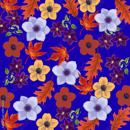 seamless floral patternColorful Autumn Floral Pattern with Leaves on Blue Background