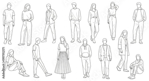 Collection of diverse people sketches in various poses and outfits.