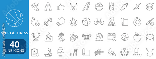 Sport and fitness line icon set with gym workout athletic activity symbols vector	