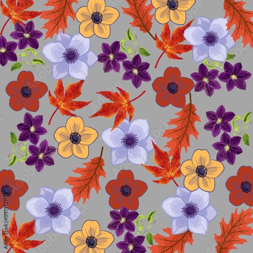 seamless floral patternSoft Floral Seamless Pattern with Leaves on Grey Background