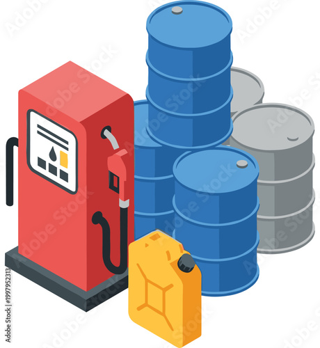 Gas pump with oil barrels in industrial flat illustration for energy business