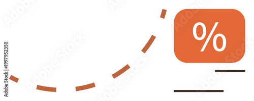 Discounts, sales, marketing, pricing, promotions, percentage badges. Orange percentage symbol with dashed curve line and black lines. Discounts and sales concept