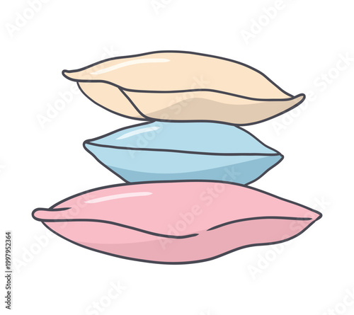 Stacked pastel pillows in beige, blue and pink, doodle hand drawn illustration for cozy interior, pajama party or sleep themed designs.