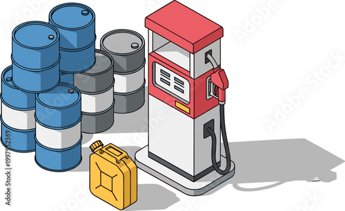 Vintage gas pump with stacked oil drums and yellow jerrycan in retro colorful illustration for industrial energy