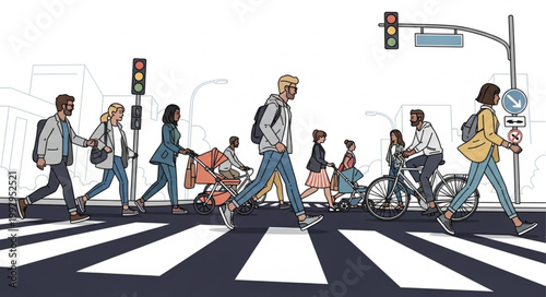 Diverse group of people crossing a busy city street at a crosswalk.