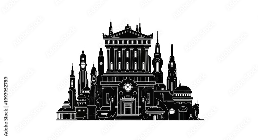 Naklejka premium Black and white silhouette of a gothic city building ? urban design