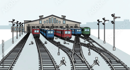 Multiple Trains Lined Up At A Station With Tracks.