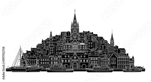 Black and white silhouette of a coastal town with boats