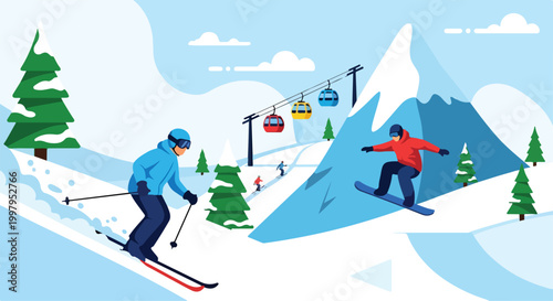Quadro em tela Skiers on snowy mountain slope with cable cars
