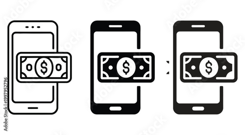 Mobile payment and online financial transaction icon set smartphone with dollar bill symbol, digital wallet and cashless payment system