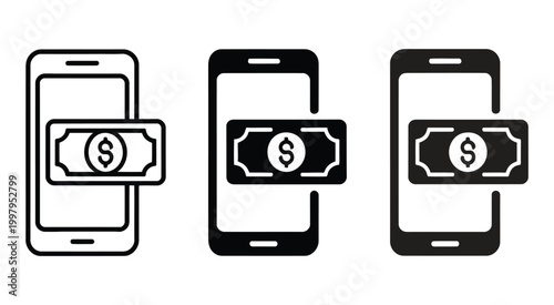 Mobile payment and online financial transaction icon set smartphone with dollar bill symbol, fintech banking and secure money transfer