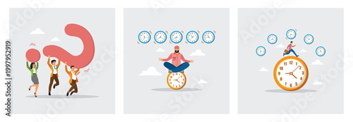 Colleagues Carrying Big Question Mark. Man Meditates On Time.  Clocks And A Running Businessman.