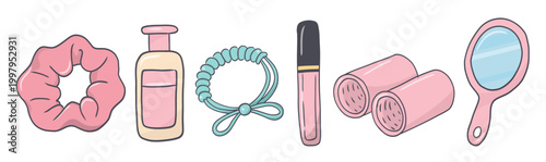 beauty and hair accessories scrunchie, lotion bottle, hair ties, lip gloss, rollers and mirror for self care and pajama party themes Hand drawn cartoon doodle set illustration