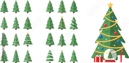 Christmas Tree Flat Vector Illustration Set with Decorated Holiday Pine Trees Star Ornaments Gift Boxes and Festive Collection