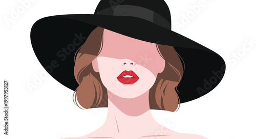 A stylish illustration depicts a woman wearing a large black hat and vibrant red lipstick