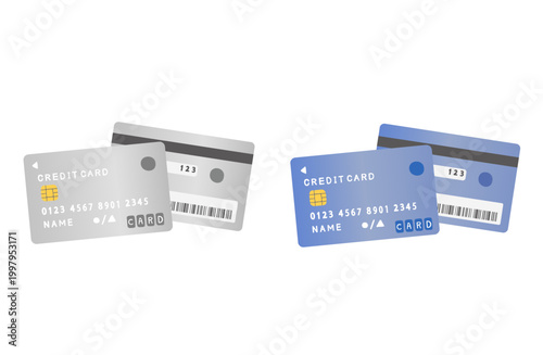 表にカード番号、裏にセキュリティコードの書かれたシンプルなクレジットカードのイラストセット　クレジットカードの表裏のイラストセット