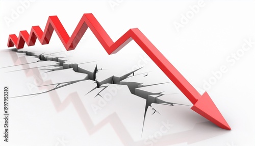 Sharp red arrow piercing through cracked surface, symbolizing significant economic crisis and market downturn