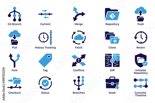 Version control system vector illustration icons for git branch commit and repository management.