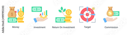 Investment icon set with money,ROI,target,and commission icons.Ideal for financial growth and investment strategy visuals.