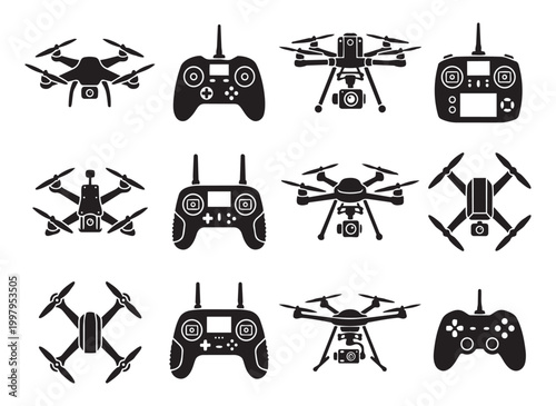 Drone and remote control vector illustration, aerial photography technology icons on transparent background.
