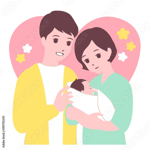 【ライフステージ】生まれたての赤ちゃんを抱っこしたママとパパのイラスト素材