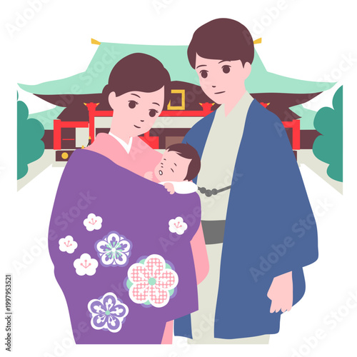 【ライフステージ】着物姿で赤ちゃんのお宮参り（初宮参り）を神社でするパパとママのイラスト素材