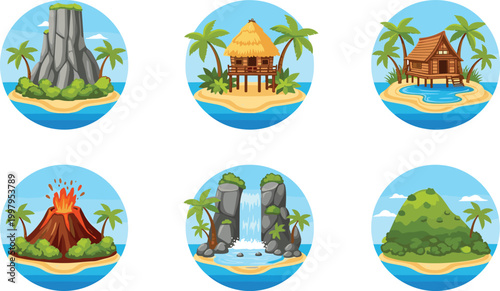 Colorful Tropical Island Scene Collection Set with Volcano Waterfall Beach Hut Palm Trees Round Circle Flat Style Vector Illustration for Summer Travel Design