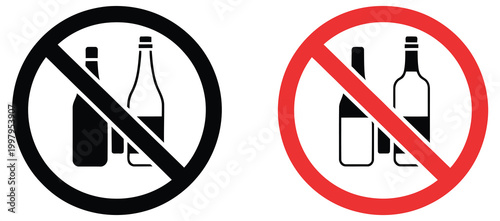 No alcohol sign set, alcohol forbidden icons collection, liquor restriction and warning symbols, public safety and health compliance
