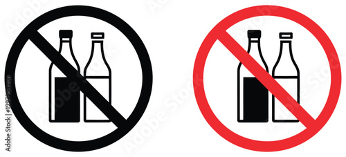 No alcohol sign set, prohibition symbols for alcohol restriction, wine and bottle ban icons, safety and public regulation