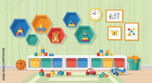 A cheerfully decorated children s playroom features colorful hexagonal shelves building blocks and playful artwork