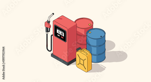 Isometric gas pump with oil barrels in industrial setting for business finance