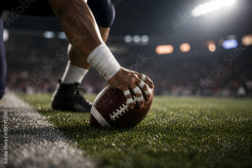American football player setting up for a field goal attempt, stadium background