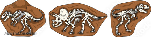 Prehistoric Dinosaur Fossil Skeleton Collection Set with T-Rex Triceratops Bone Excavation in Rock Flat Style Vector Illustration for Science and Education Design