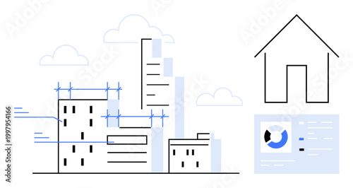 Urban architecture concept. Urban building schematics with construction details and real estate . Urban planning linked to housing development and smart infrastructure. Usage architecture, urban