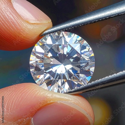 A large, round diamond held by metal tweezers between fingers