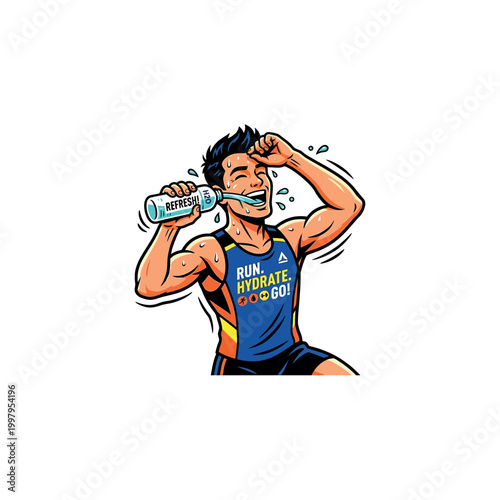 Man in athletic wear drinking from a bottle while running outside on a sunny day.