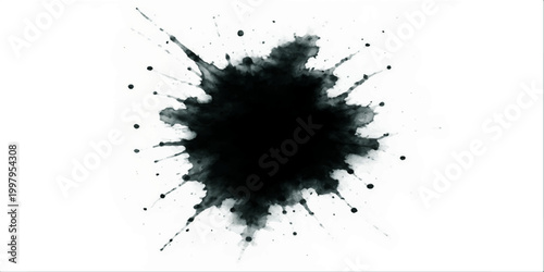 A grunge vector illustration of black ink splats and liquid paint splashes featuring dirty art textures, drips, and messy spray blots as a silhouette design element on a white background