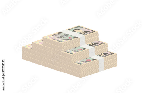 日本札　３段に積み重なった一万円札の札束のイラスト　新一万円札　