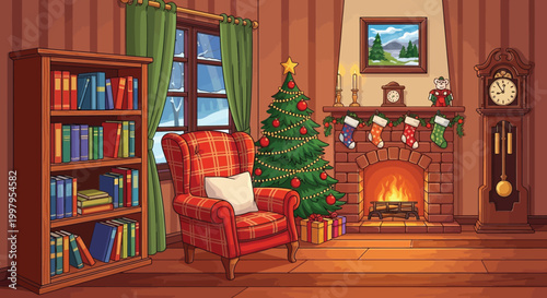 A cozy living room scene featuring a decorated christmas tree and a warm fireplace glow