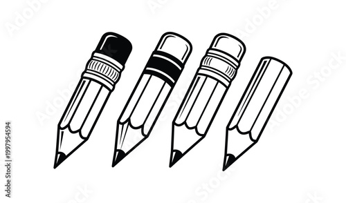 Four pencils in various states of sharpening, black and white illustration, writing instruments, stationery, education tools, artistic drawing, detailed sketch.