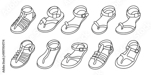 Black and white line of various sandals and sneakers shoes footwear in white background