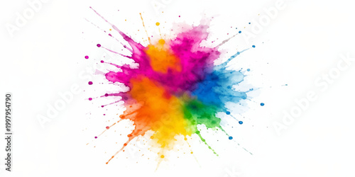 Colorful watercolor ink splashes and rainbow paint splatters create a vibrant grunge art texture element with decorative vector spots and stains on a clean white background pattern