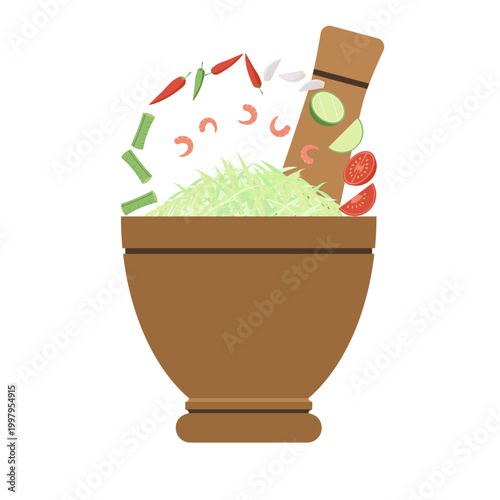 Som Tam Thai Green Papaya Salad Flat Vector Illustration with Mortar and Pestle