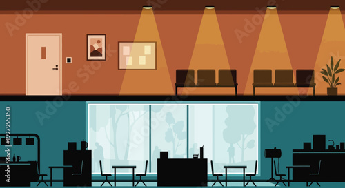 A split level view of a waiting room above an office space showcasing modern interior design