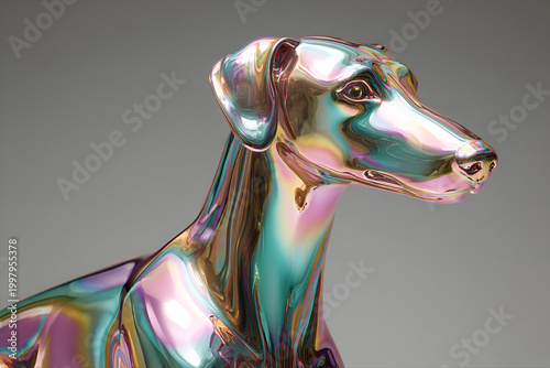 Futuristic iridescent sculpture of dog with dynamic color reflections and smooth metallic surface texture