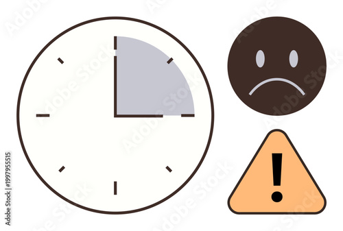 Time management, productivity issues, work deadlines, stress, prioritizing tasks, danger awareness. Clock with shaded section, sad face icon warning triangle. Time management and productivity issues