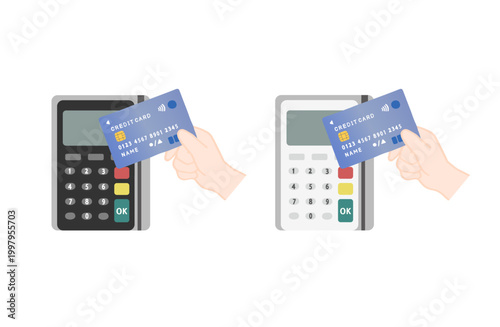 クレジットカードでタッチ決済しているイラスト　タッチ決済端末にカードをかざしているイラスト
