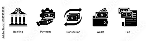 Banking icon set featuring payment,transaction,wallet,and fee icons.Suitable for fintech apps and digital financial services.