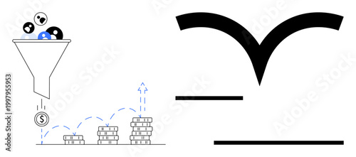 Business strategy, sales process, financial analysis, conversion rates, marketing optimization, investment planning. Funnel dropping coins and rising stacks of money. Business strategy and sales